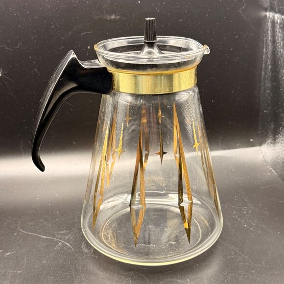 Vintage MCM Pyrex 8-Cup Coffee Carafe Gold Atomic Starburst Design Black Handle - Picture 4 of 7